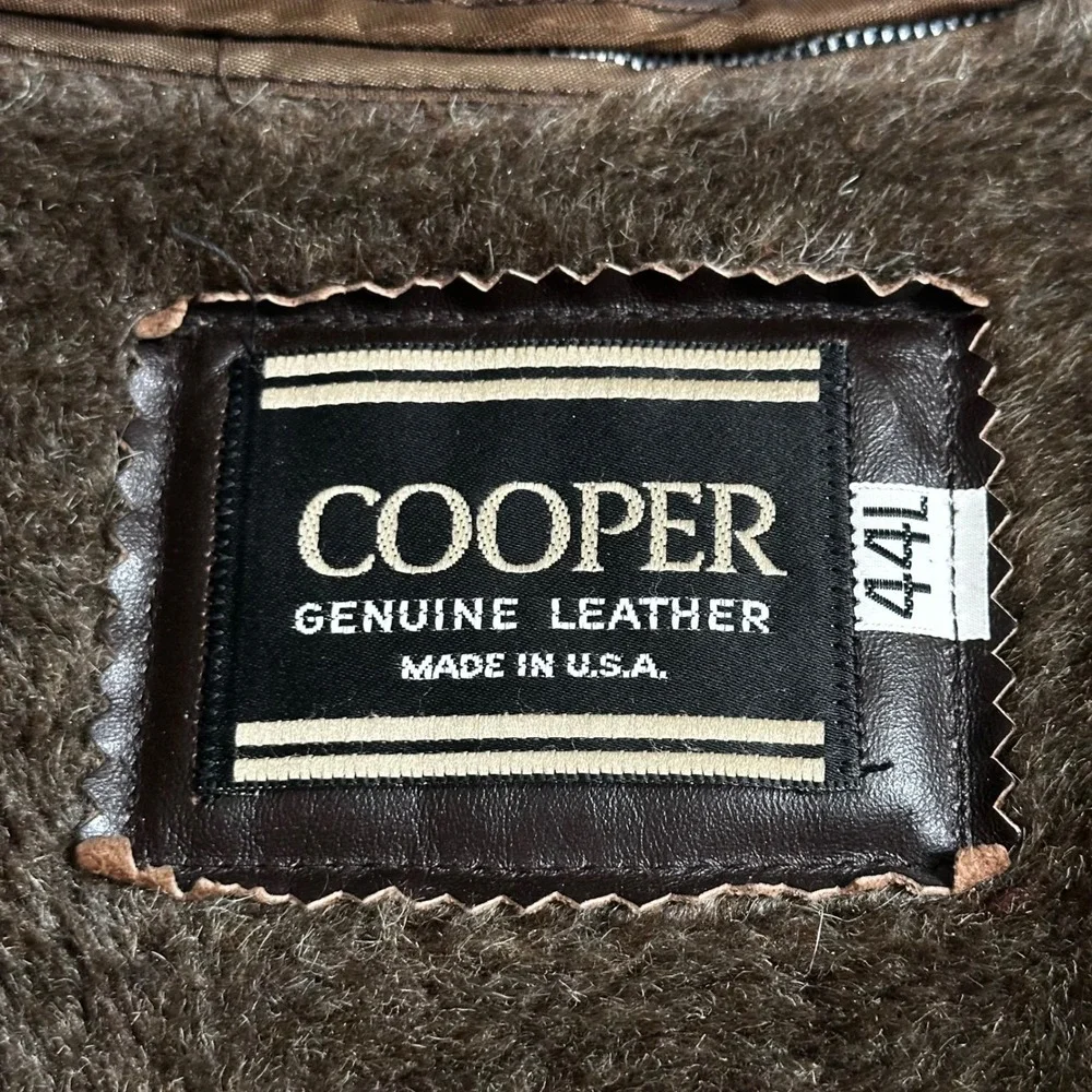 VTG Cooper Brown Leather Car Coat Jacket Made in USA Zip Out Faux Fur Liner 44 L - Picture 3 of 11